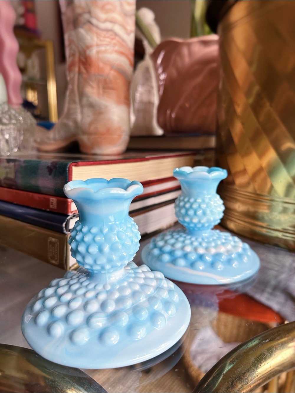 Vintage Fenton Blue Hobnail Glass Candlestick Pair Slag Glass